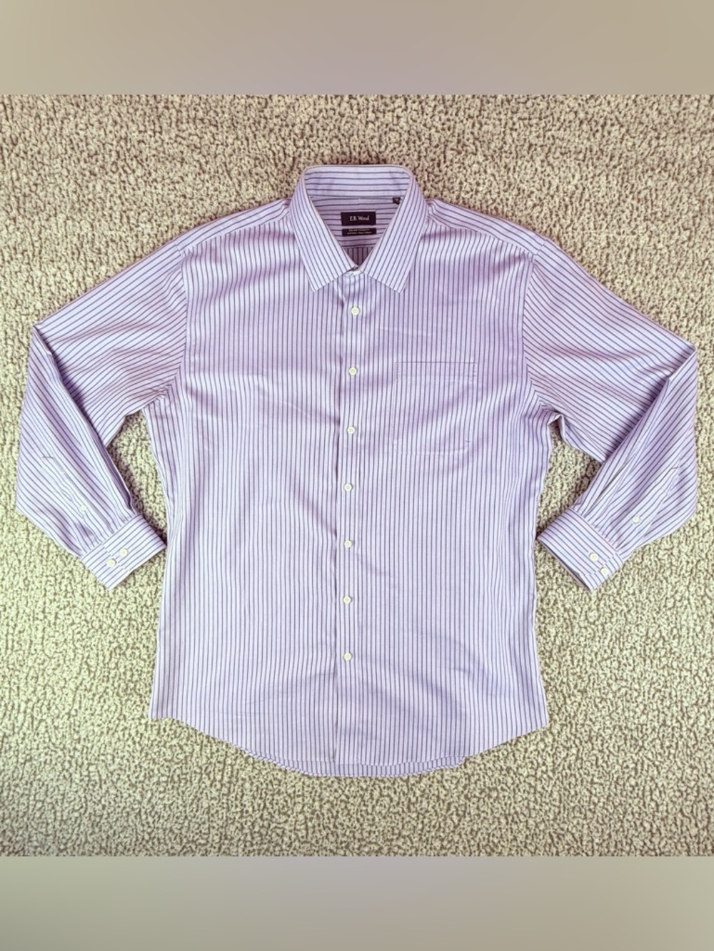 E.B. Wood Purple Stripe Dress Shirt 17.5 34/35 Non Iron Tailored Cotton